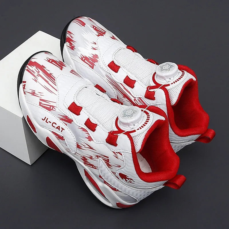 Children's rotating button basketball shoes in multiple colours with a synthetic leather upper and PU sole.