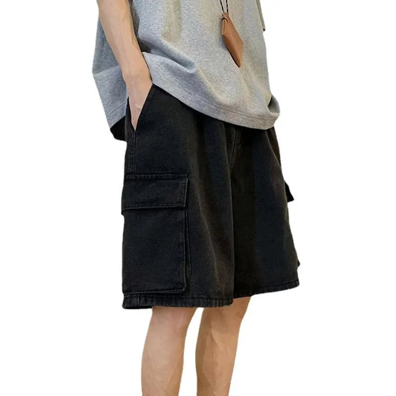 Men's cotton denim shorts in dark blue, light blue, or black, fifth pants length, sizes S to 3XL