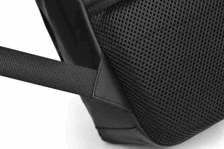 Large waterproof PU leather backpack for men in black, shown with computer compartment