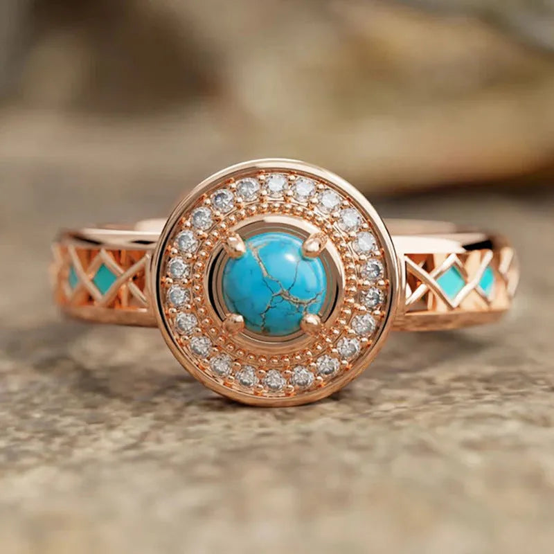Women's turquoise ethnic style zircon ring in rose gold on copper with geometric design