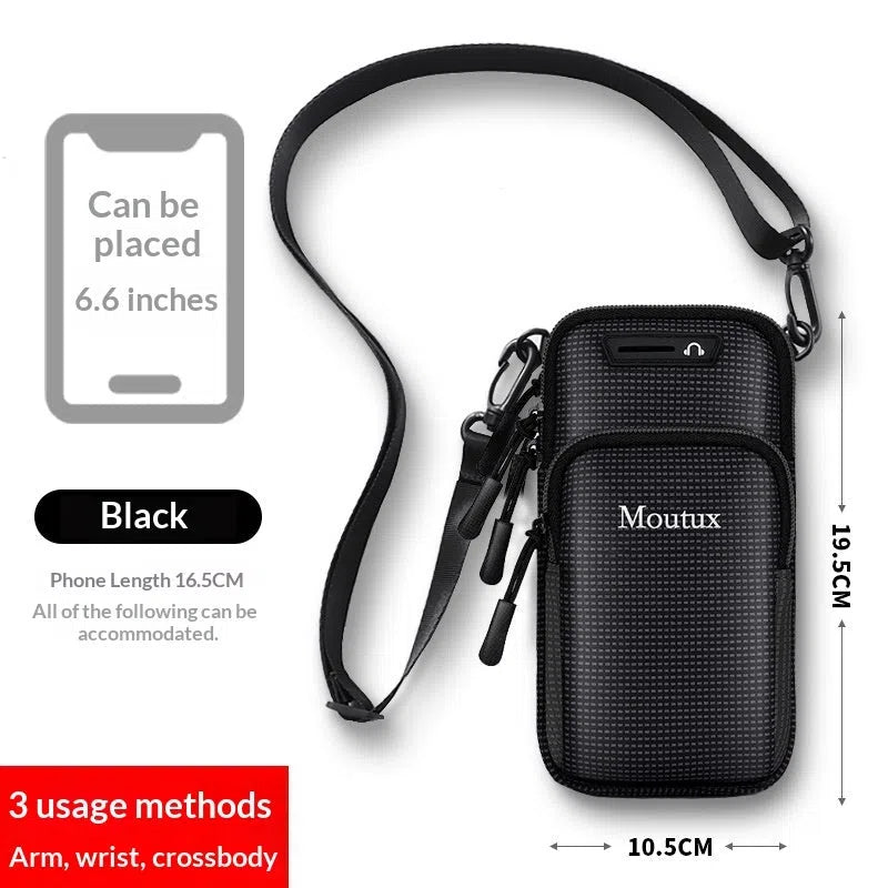 Unisex waterproof anti-theft arm bag for running, shown in black gray with arm strap