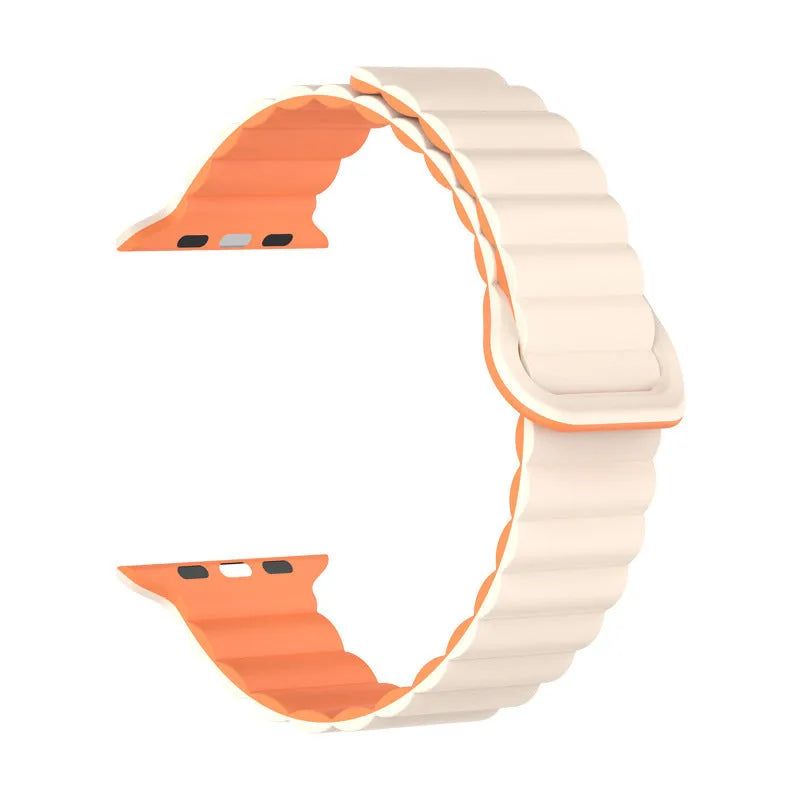 Two-colour silicone magnetic watch band for Apple Watch, sizes 38-49mm, shown in black with orange.