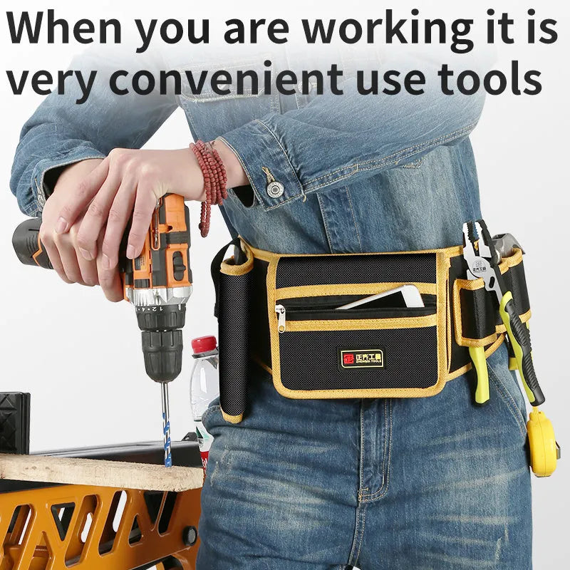 Yellow canvas electrician tool waist bag with belt and multi-function storage for small repair tools