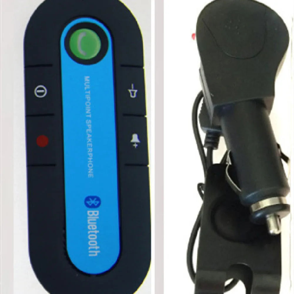 Black vehicle-mounted Bluetooth handsfree device clipped to car sun visor with aux cable