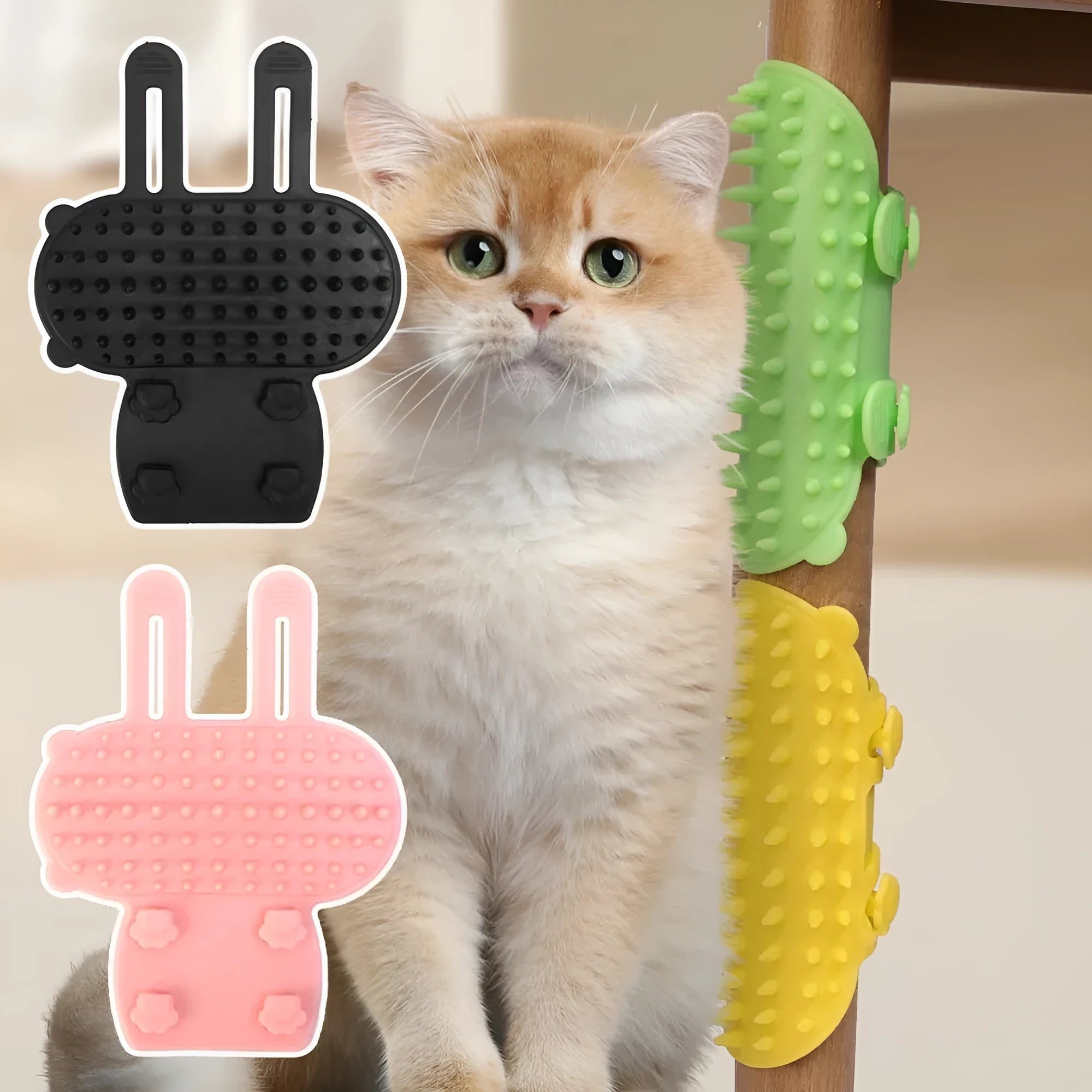 Silicone self-cleaning cat grooming comb with adjustable strap in four colours