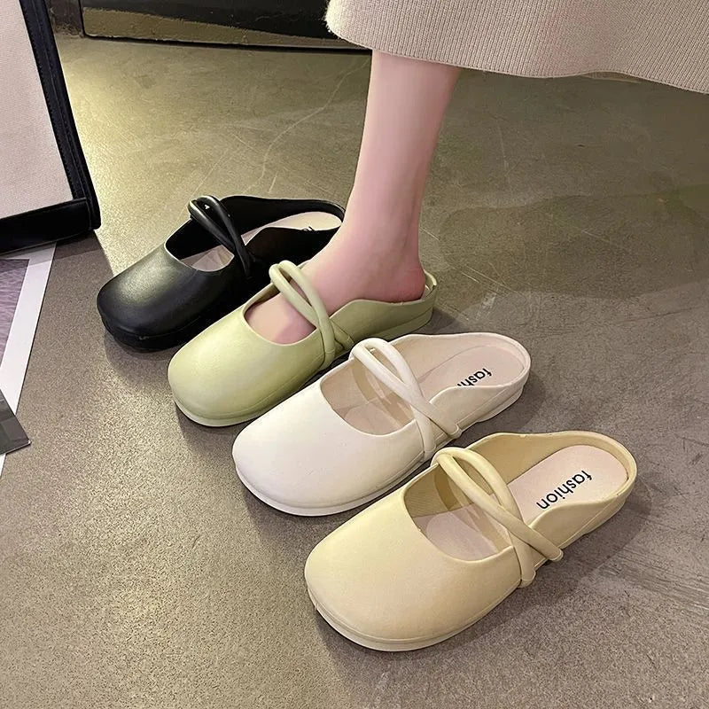 Women's plastic flip flop sandals with a toe cap in Baotou Green, Black, or Beige.