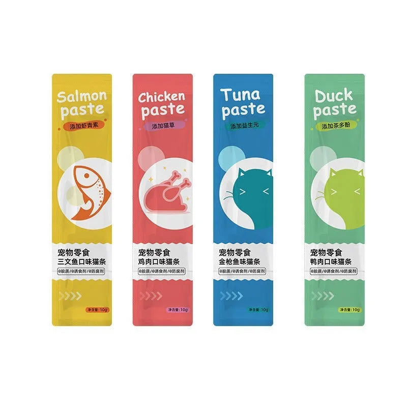 Pack of 10 moist cat snack strips for kittens in four different flavours.