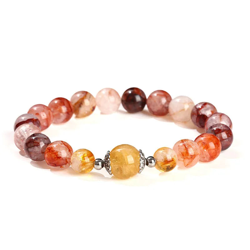 Handmade women's crystal bracelet with 10mm red sealant flower citrine lucky beads.