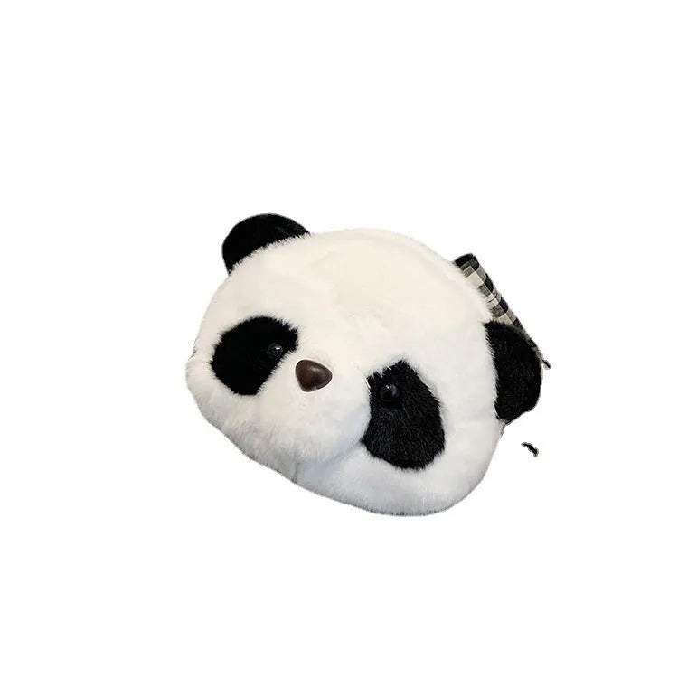 Soft plush cylindrical panda head crossbody bag with a shoulder strap.