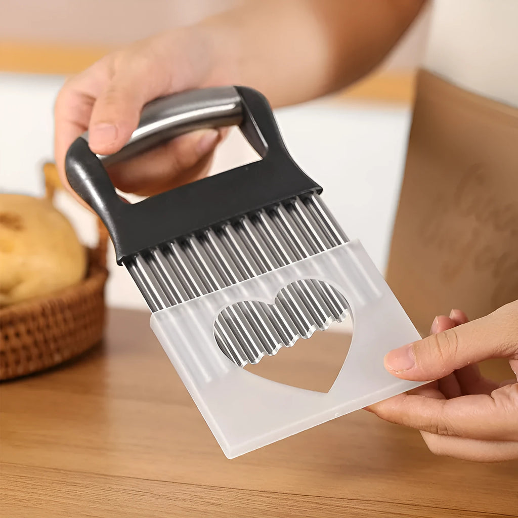 Stainless steel potato wave knife for crinkle cutting vegetables, shown in black or white.