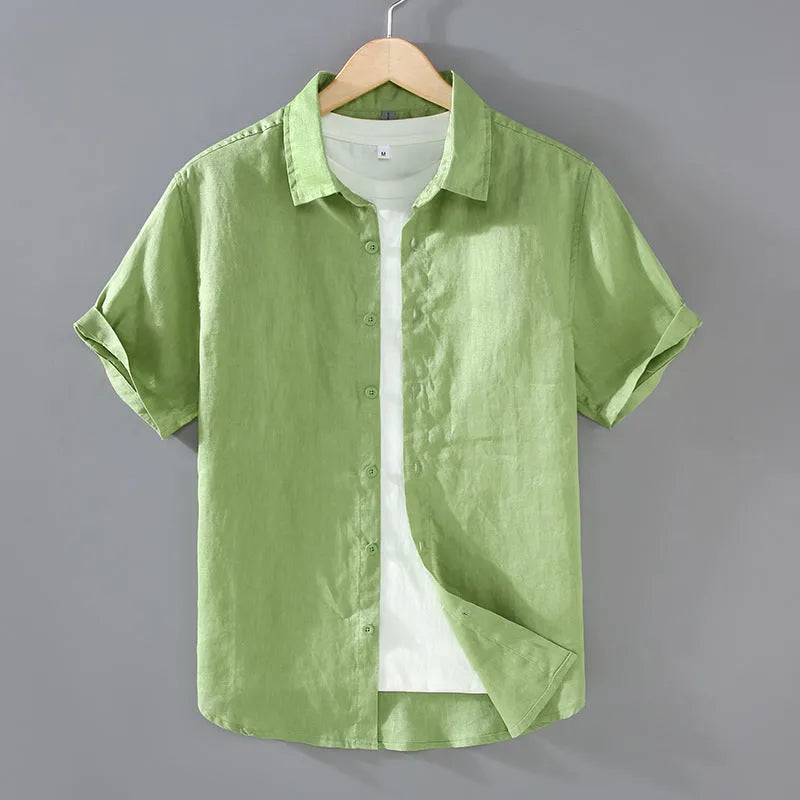 Men's linen short-sleeved shirt in cardigan style showing colour options