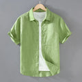 Men's linen short-sleeved shirt in cardigan style showing colour options