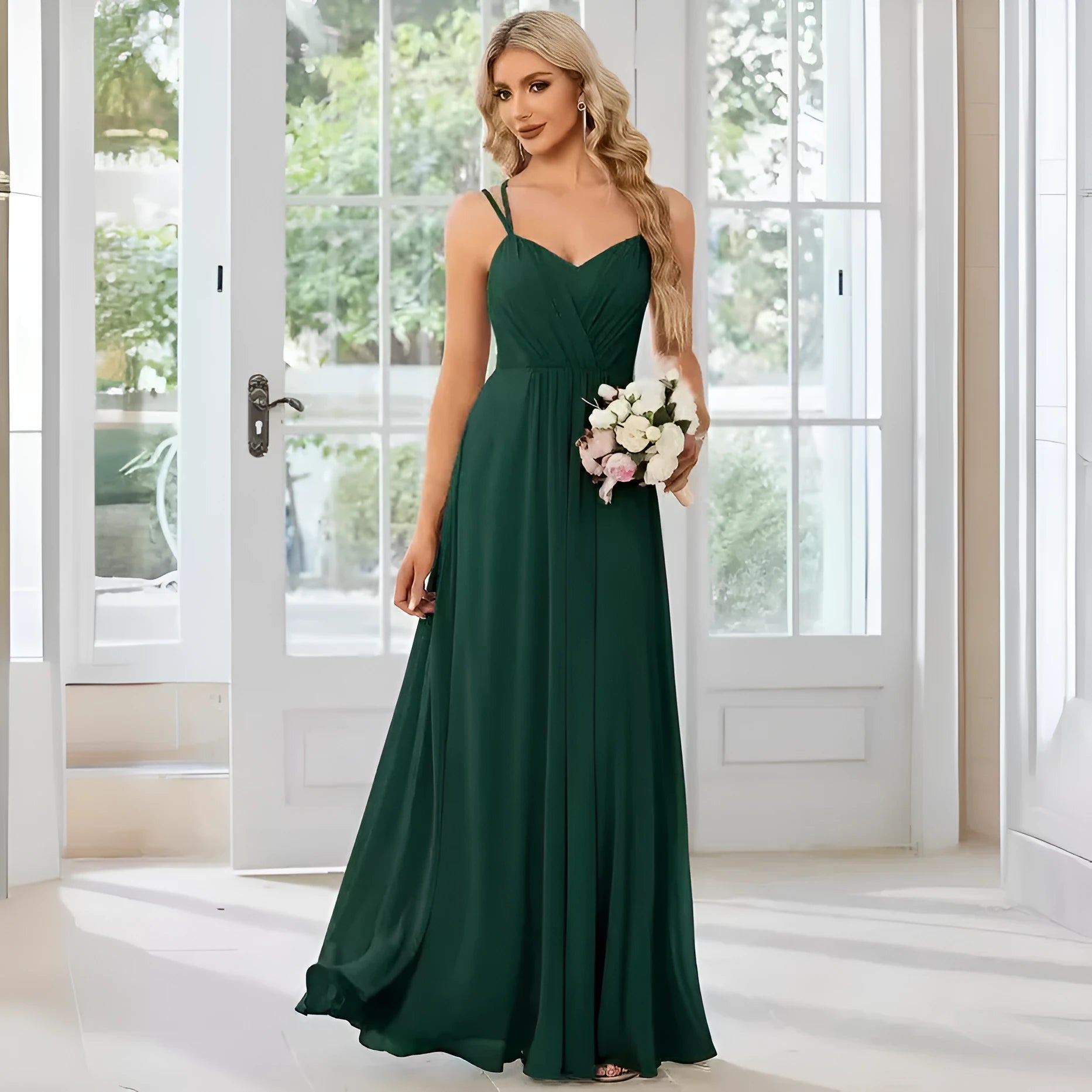 Women's sleeveless sling neckline banquet dress with long pleated A-line skirt