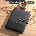 A5 soft PU leather notebook in brown, open on wood-free paper pages.