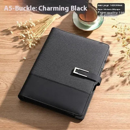 A5 soft PU leather notebook in brown, open on wood-free paper pages.