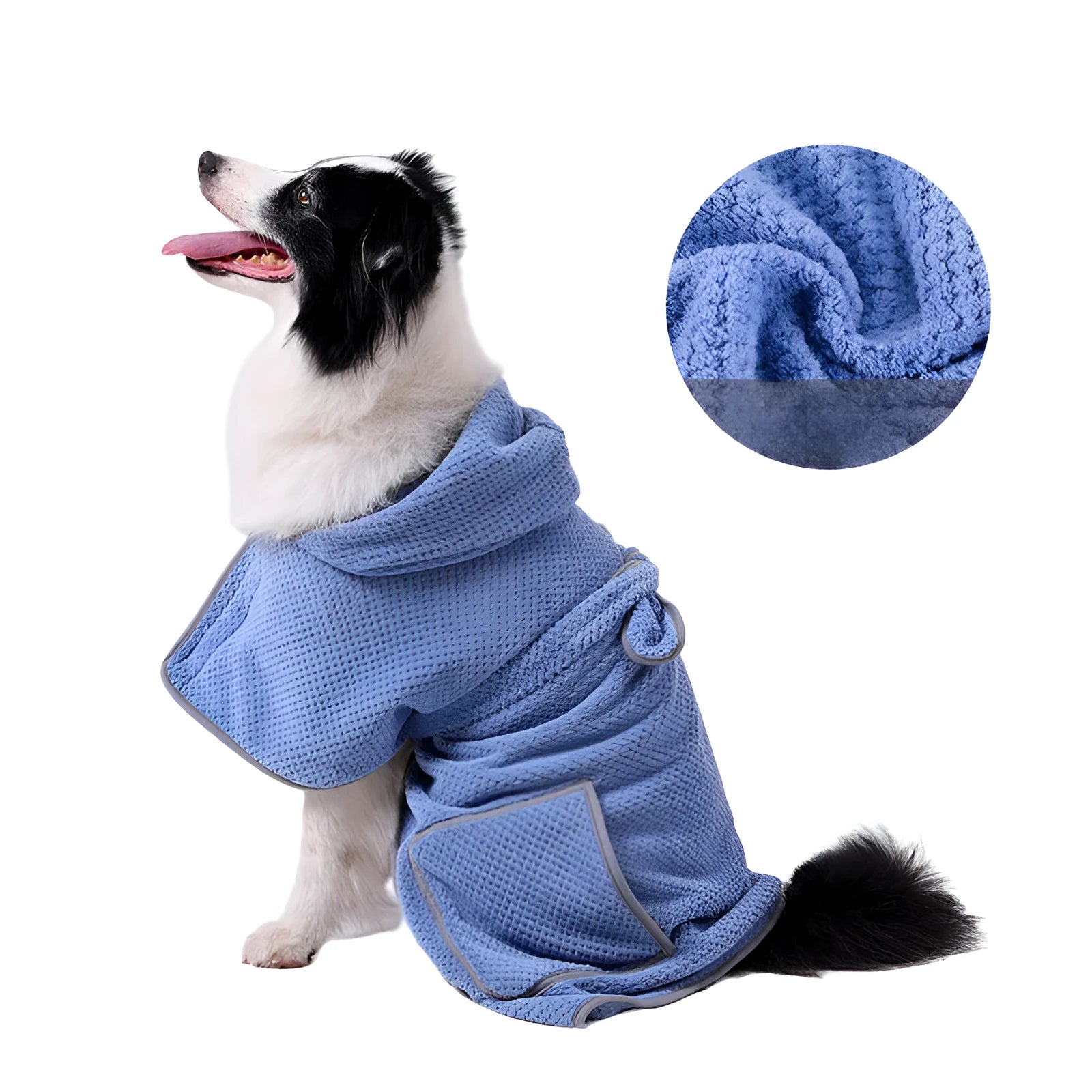 Blue adjustable dog bath robe towel wrapped around a dog, showing the waistband fastener and absorbent fabric.