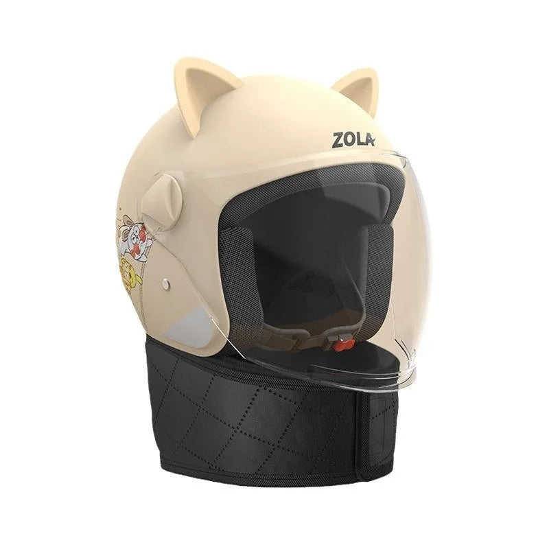 Adult winter electric bike helmet with attached scarf and ear covers in blue.