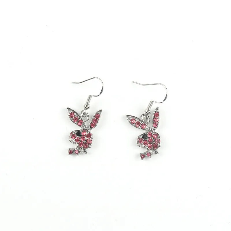 Cute full diamond rabbit stud earrings in silver, pink, and gold alloy.