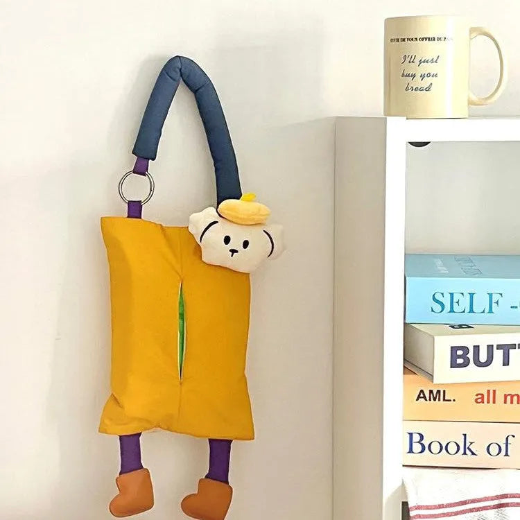 Hanging plush tissue buggy bag for cars and pushchairs measuring 25x19 cm in hat dog colour design