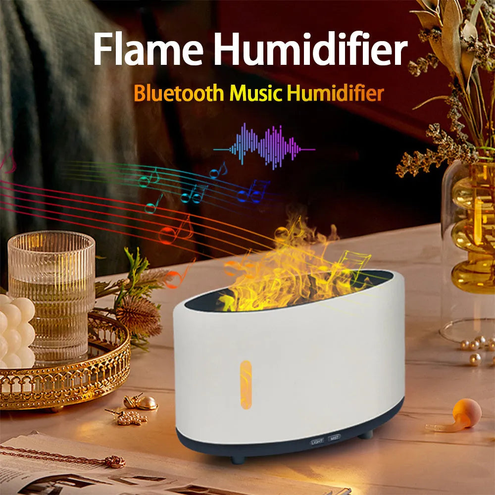Bluetooth remote controlled humidifier and aromatherapy diffuser with LED flame effect in three colour finishes.
