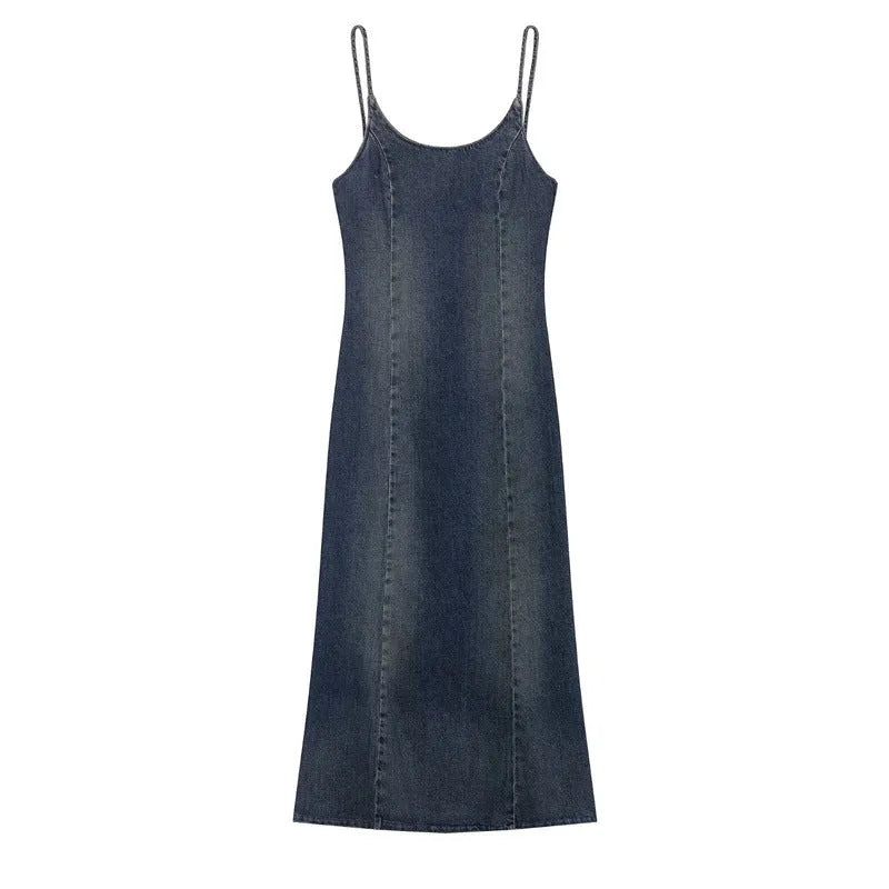 Women's blue wash-effect denim dress with hooded design, pleated short skirt, and asymmetrical hem
