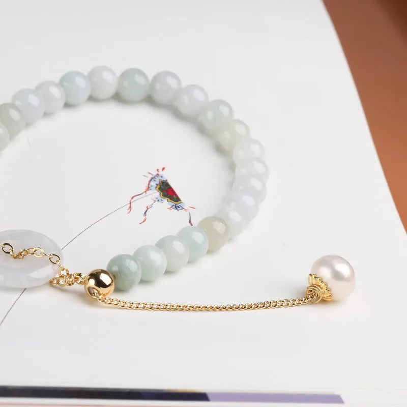 Natural emerald jade pearl bracelet with geometric peace buckle pendant and Chinese national style design