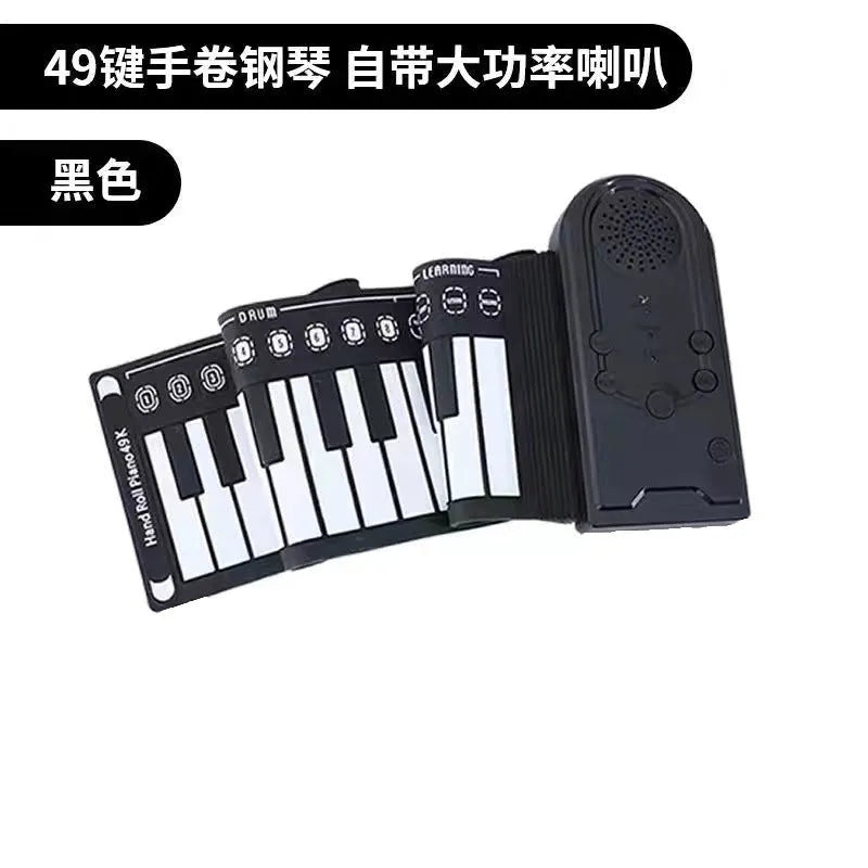 Portable 49-key folding electronic keyboard with speaker in gloss black, showing rolled design and control panel.
