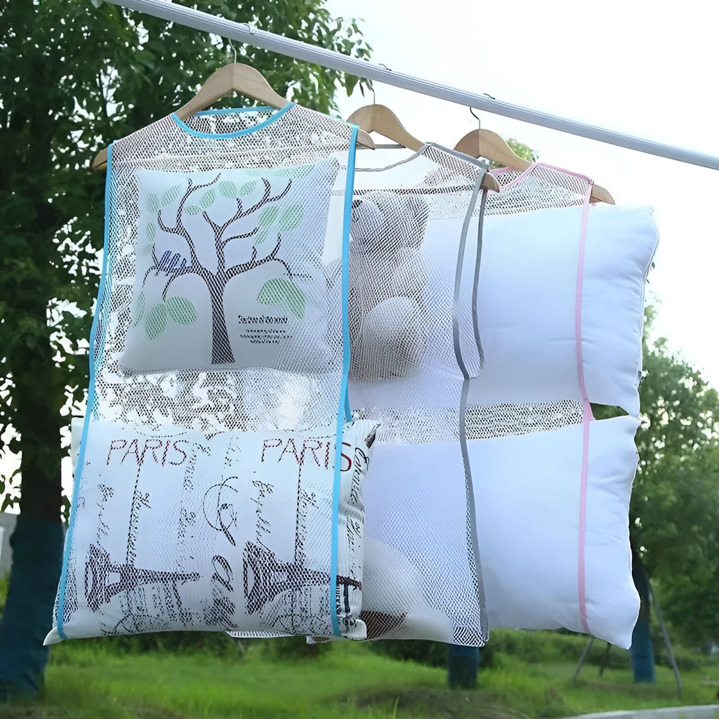 Fabric mesh net pocket pillow drying hanger in white large single layer 45x55cm