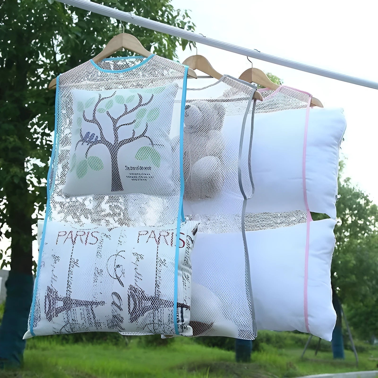 Fabric mesh net pocket pillow drying hanger in white large single layer 45x55cm