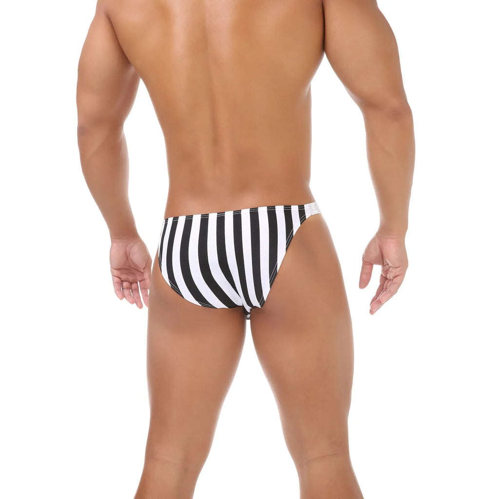 Men's zebra striped briefs with shiny belt detailing and low waist design in knitted nylon fabric