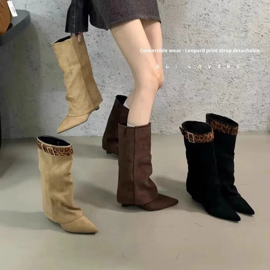 Retro Western slimming belt buckle mid-calf boots in black with square toe and lace-up