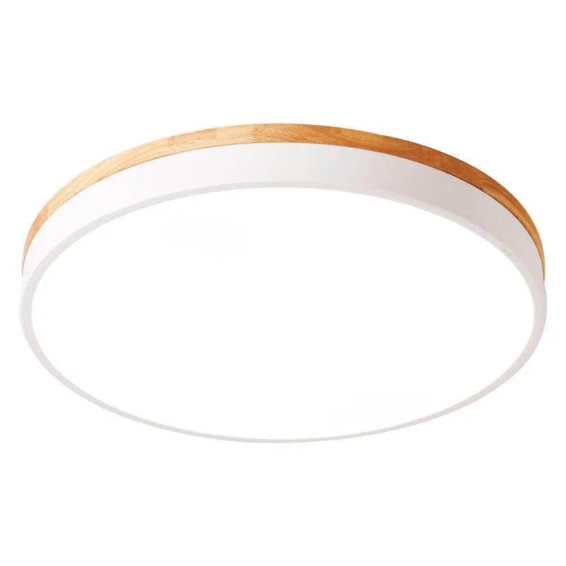 Round Nordic style wooden and iron LED ceiling lamp on a white ceiling.
