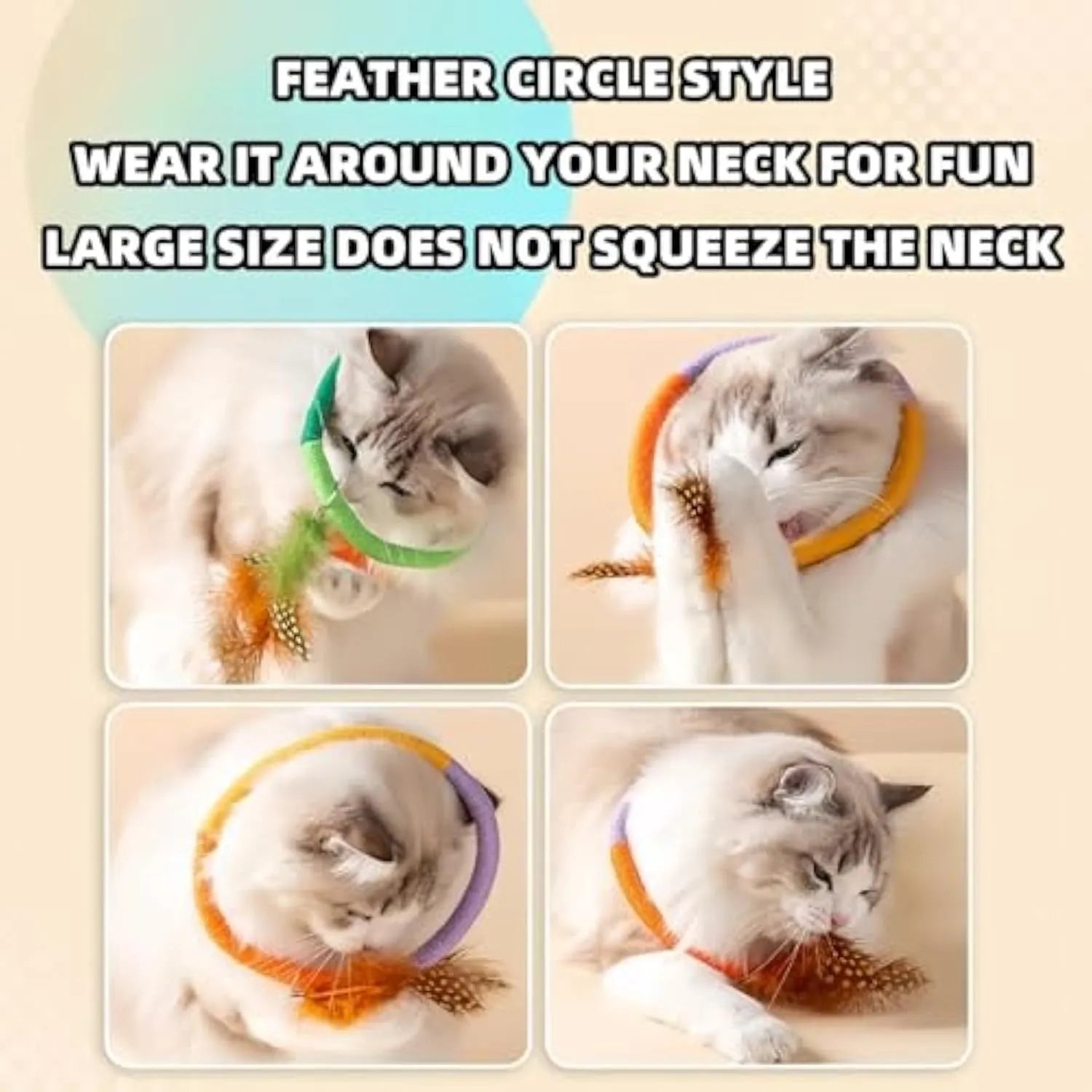 Green circular cotton rope cat toy with feathers and catnip for chewing and interactive play.