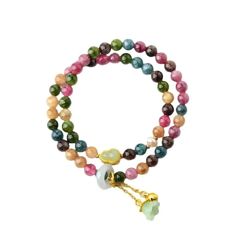 Women's double circle bracelet made from natural chalcedony with 6-6.5mm geometry beads.