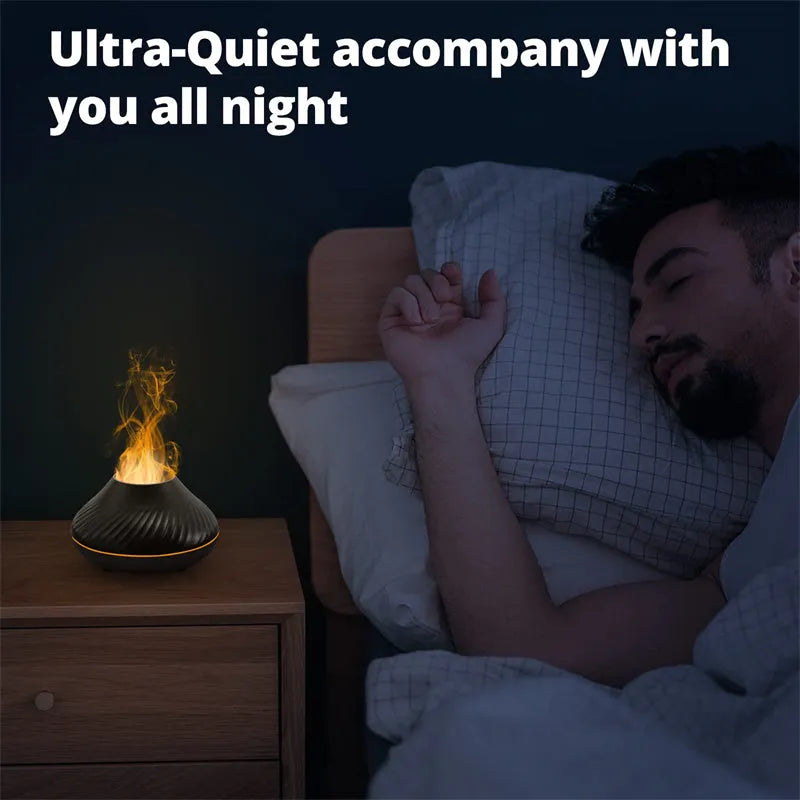 Beige and black aroma diffuser with LED flame lighting and 130ml water capacity