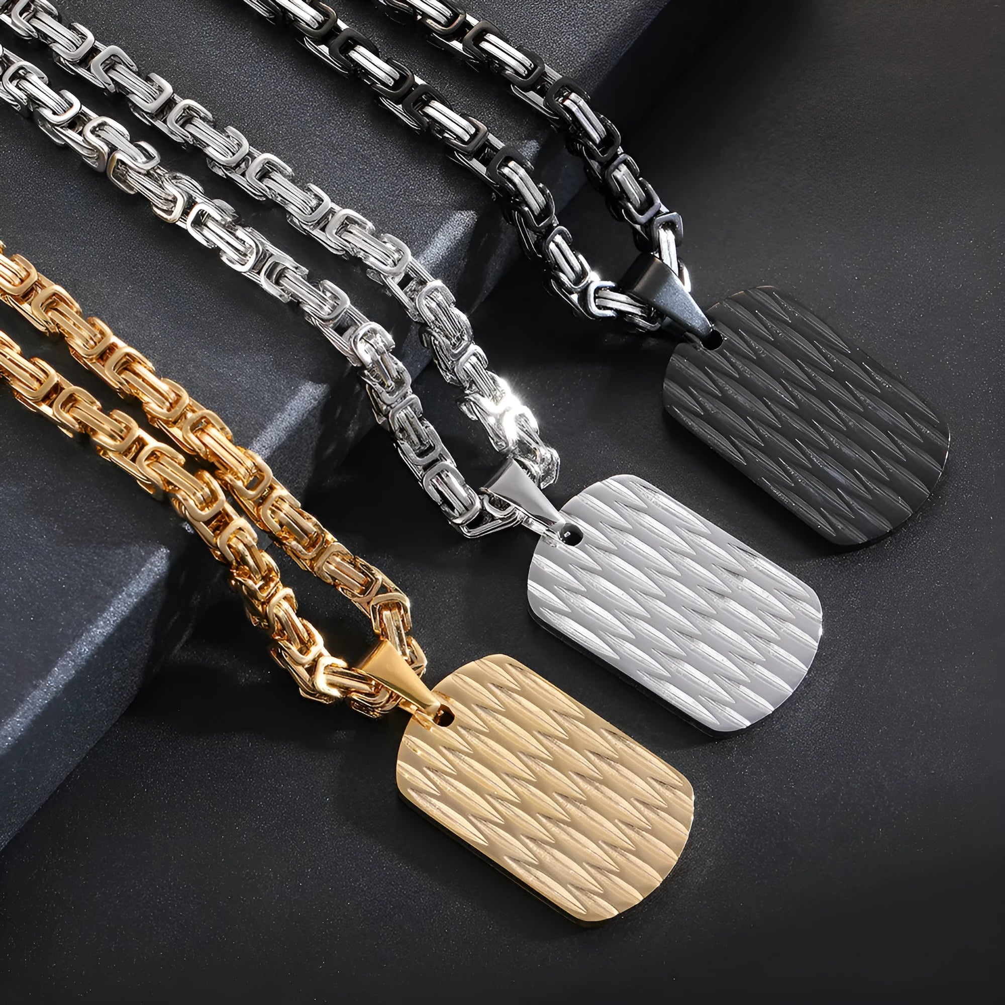 Men's titanium steel water ripple pendant necklace on an adjustable Emperor Chain in black finish.