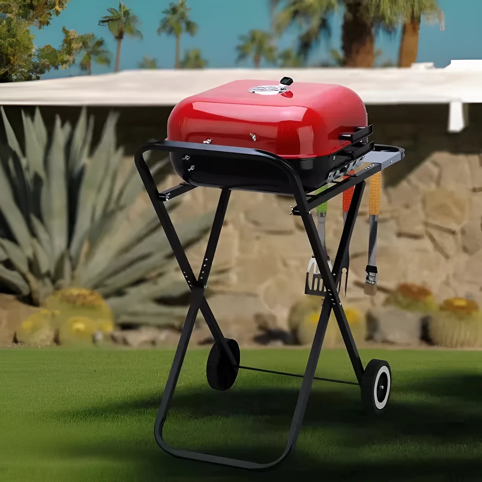 Outdoor foldable hand-push bicycle barbecue grill with 42.5x50cm plate and enamel coating for 5+ people