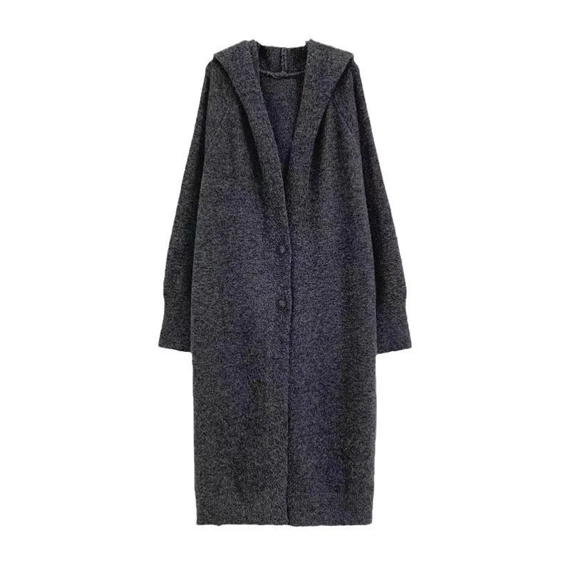 Korean-style long hooded cardigan for women in a wool blend, shown in a neutral colour.