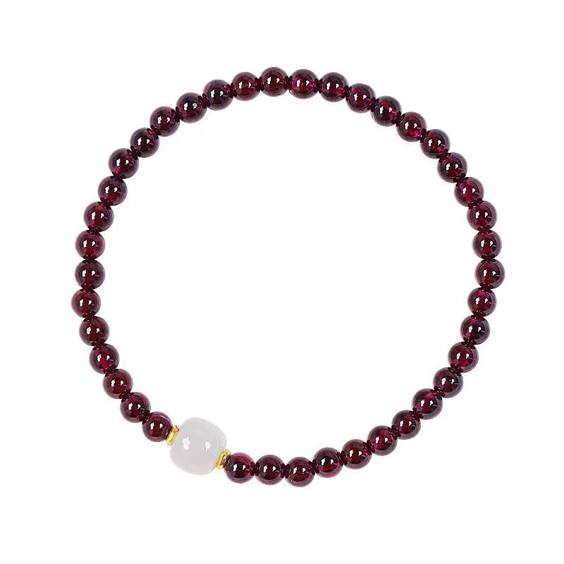 Simple U-shaped natural garnet bracelet for women, shown in garnet and dream garnet colour options with 4mm and 6mm bead sizes.