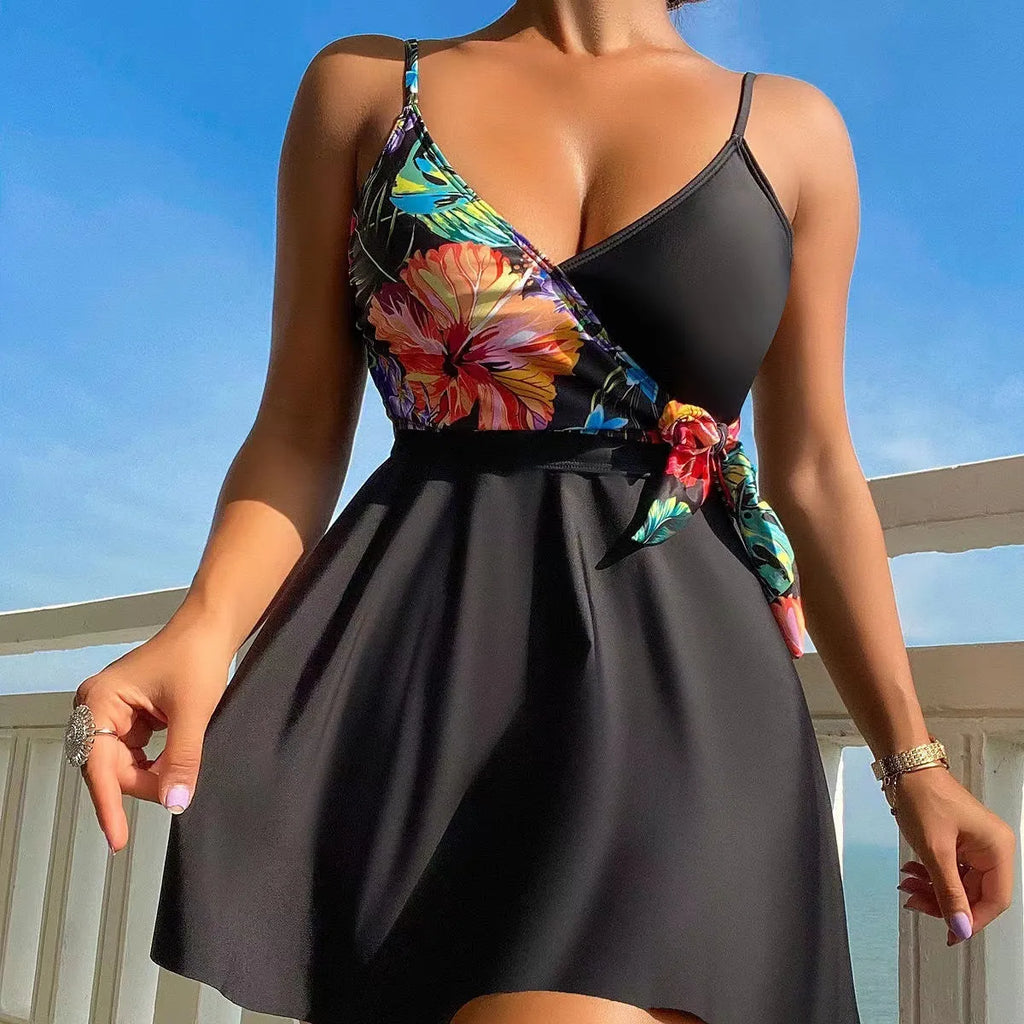 Black women's high waist briefs printed split bikini swimsuit for sports and swimming activities