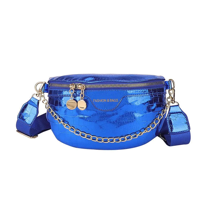 Shiny PU chest bag with wide shoulder strap and chain detail in silver, red, gold, rose, blue, or black