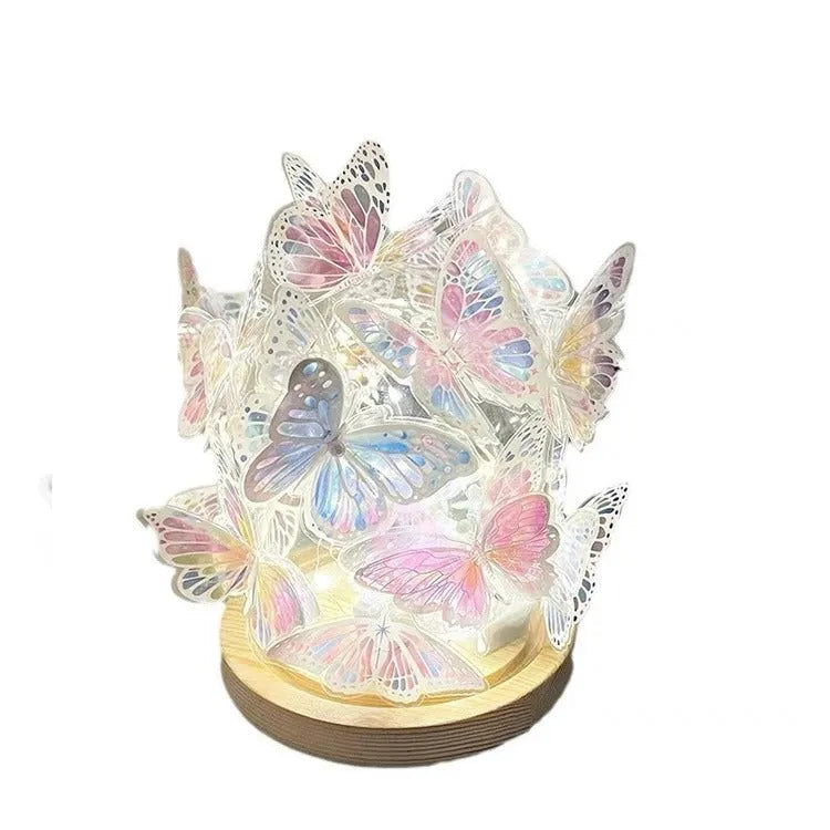 Handmade butterfly night lamp with glass shade on raw wood base, 12x15cm