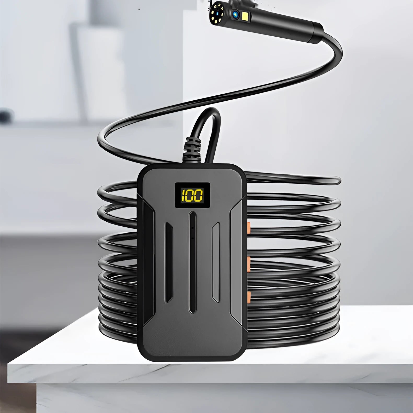 F300 wireless dual-lens endoscope with 5.5mm and 8mm waterproof probes, magnet, and hook accessories