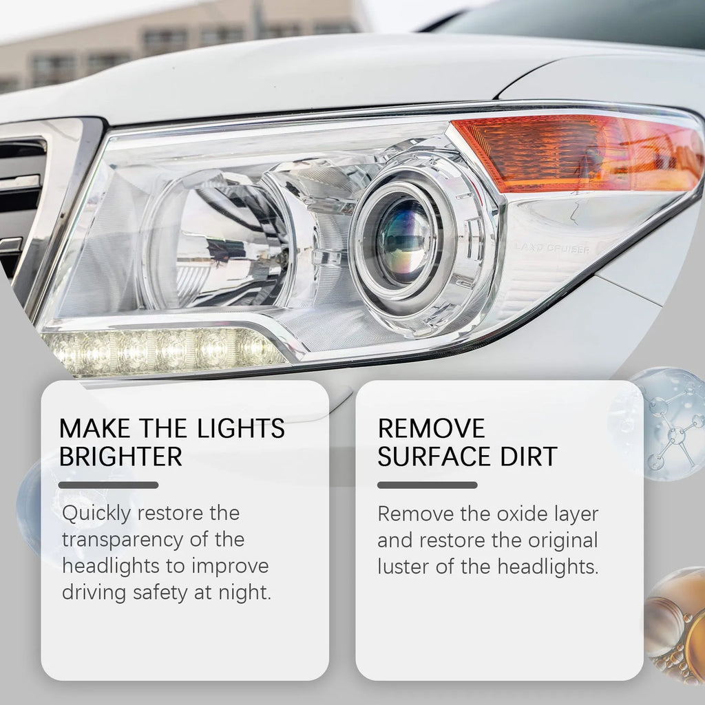 Car headlight polishing kit with 100ml solution bottle and microfibre towel for lens restoration