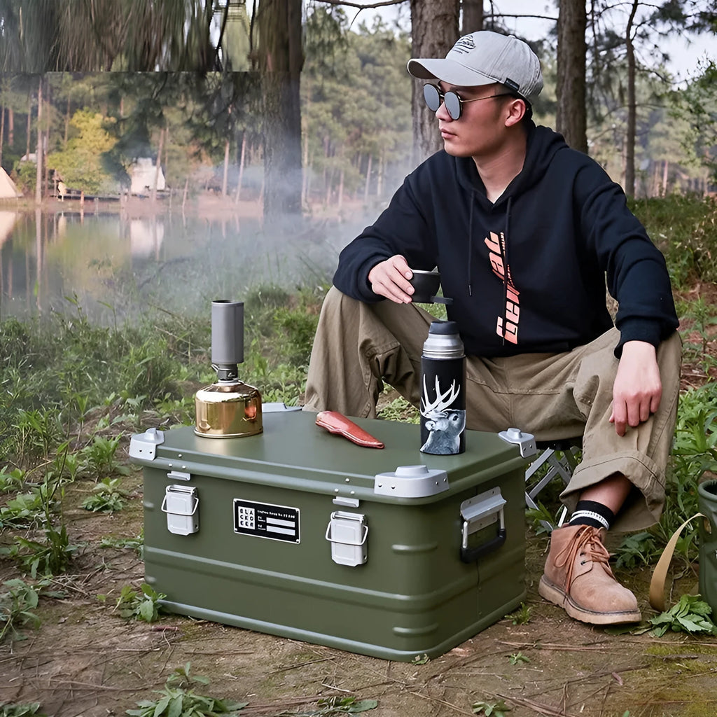 Field green aluminium alloy camping storage box with dimensions 58cm by 38cm by 28cm