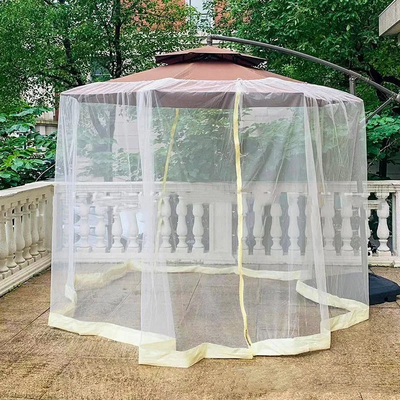 Fabric outdoor sunshade tent with mosquito netting in a garden setting.