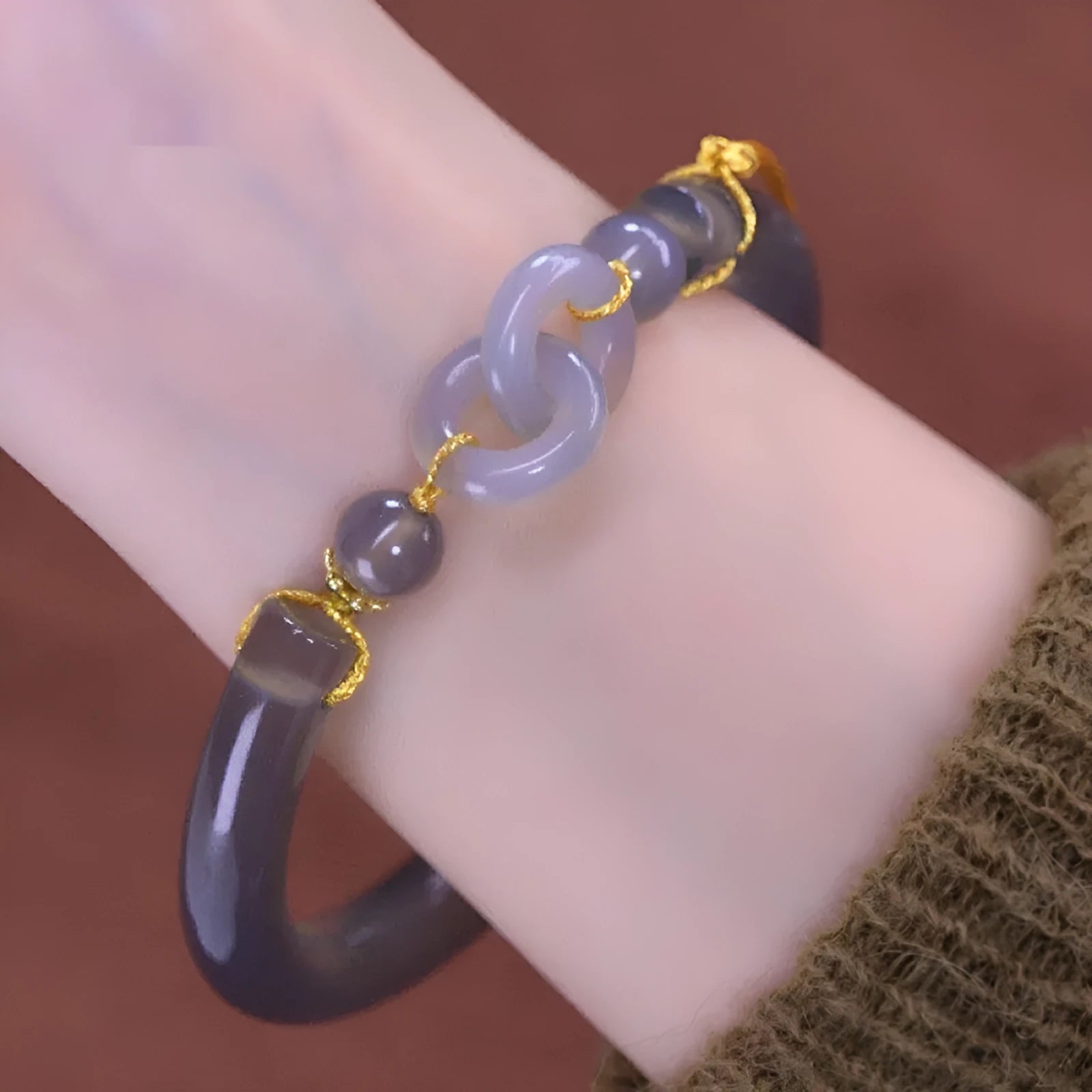 Grey smoke purple agate half bracelet with metal ring buckle closure on wrist