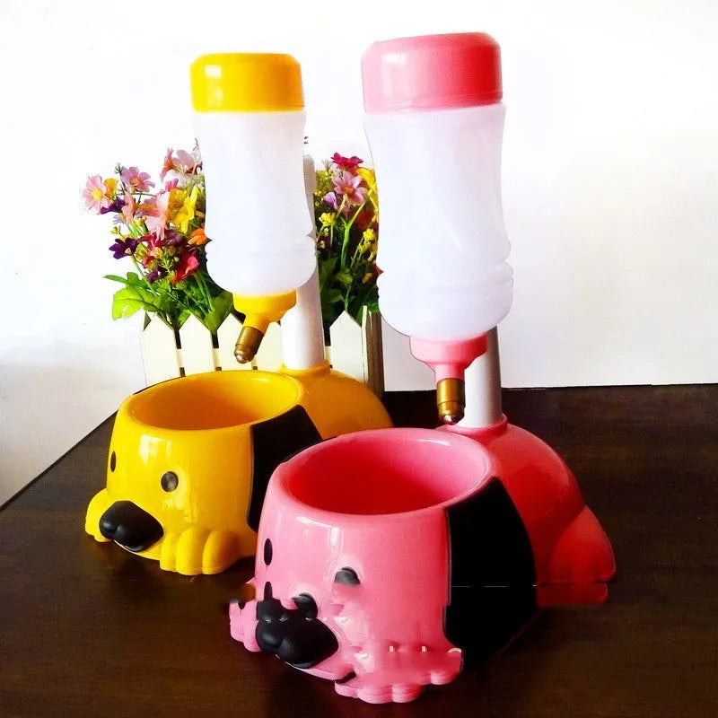 Adjustable plastic pet drinking bowl in blue on a rod stand