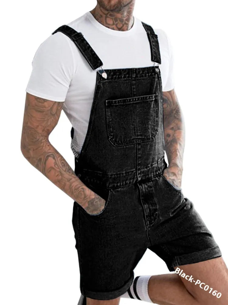 Youth denim suspender pants in black with zipper fly and medium elastic fabric for summer casual wear