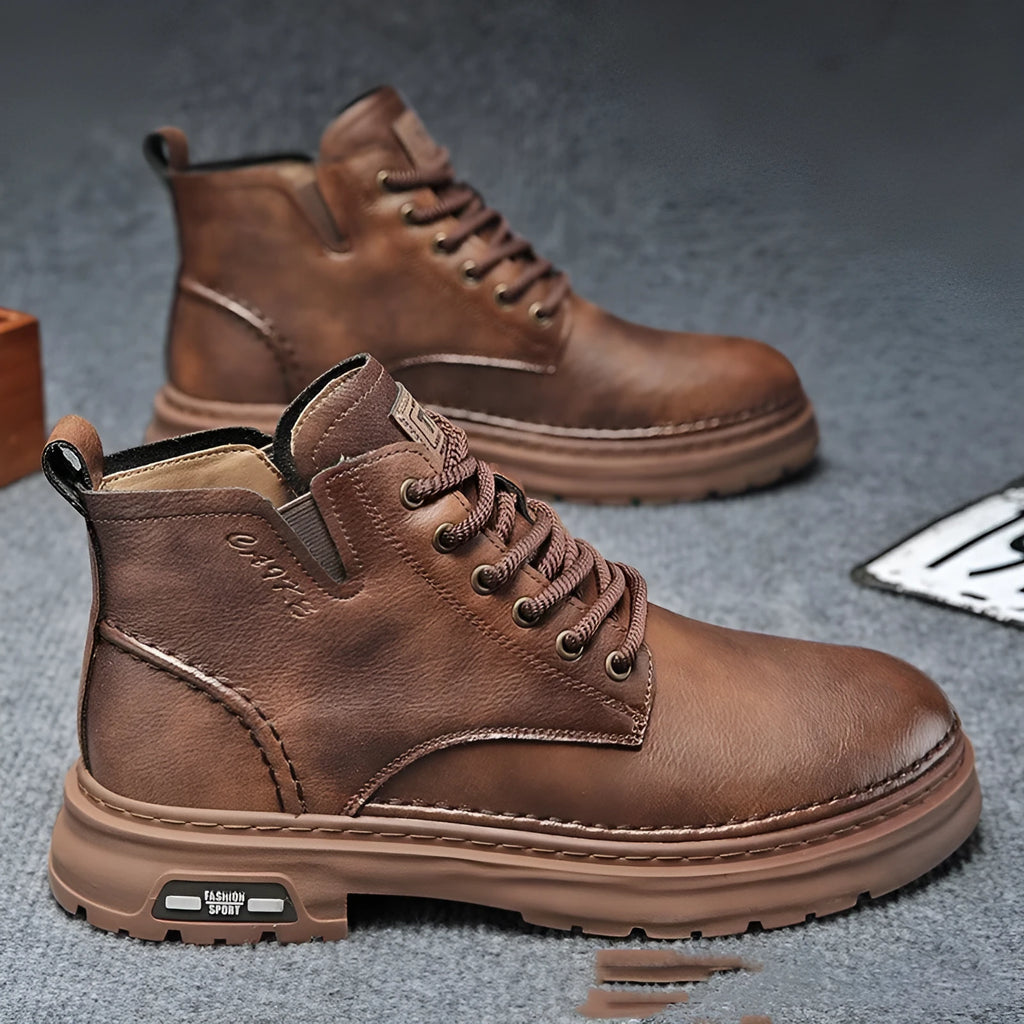 Men's retro Martin boots with chunky sole, front lace-up, round toe, in black, side view